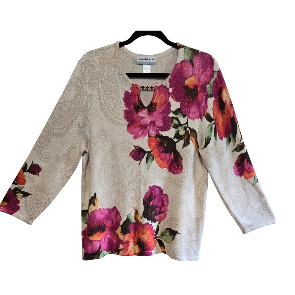 Alfred Dunner NWOT Boho Floral Paisley Beaded Keyhole Sweater LG Pink Orange